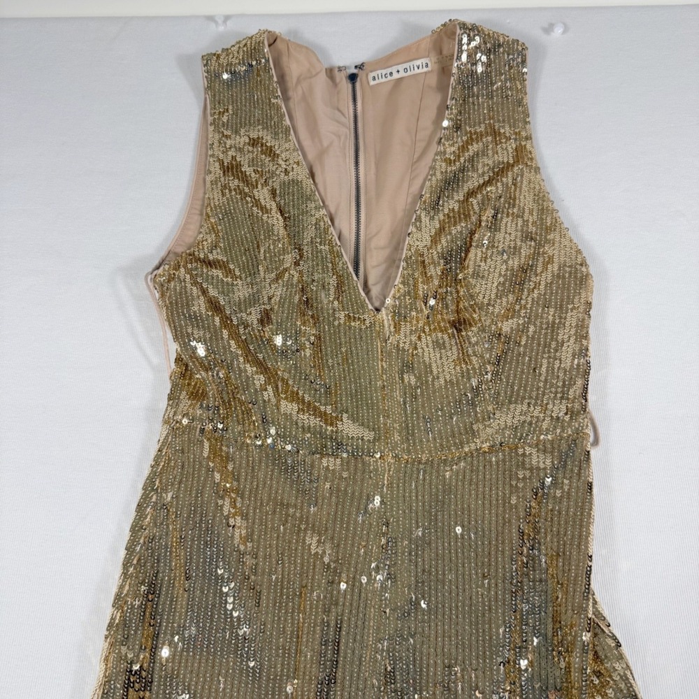 Alice + Olivia Sequin Maxi Dress Gold V-Neck Slit Gala Sparkle Glam Statement - Picture 11 of 16